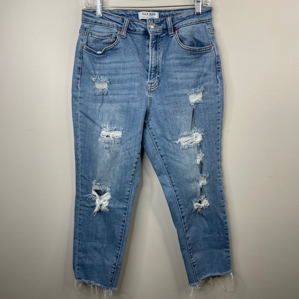 Wax Jean Collection Womens Distressed High Rise Raw Hem Jeans‎ Medium Wash 11/30